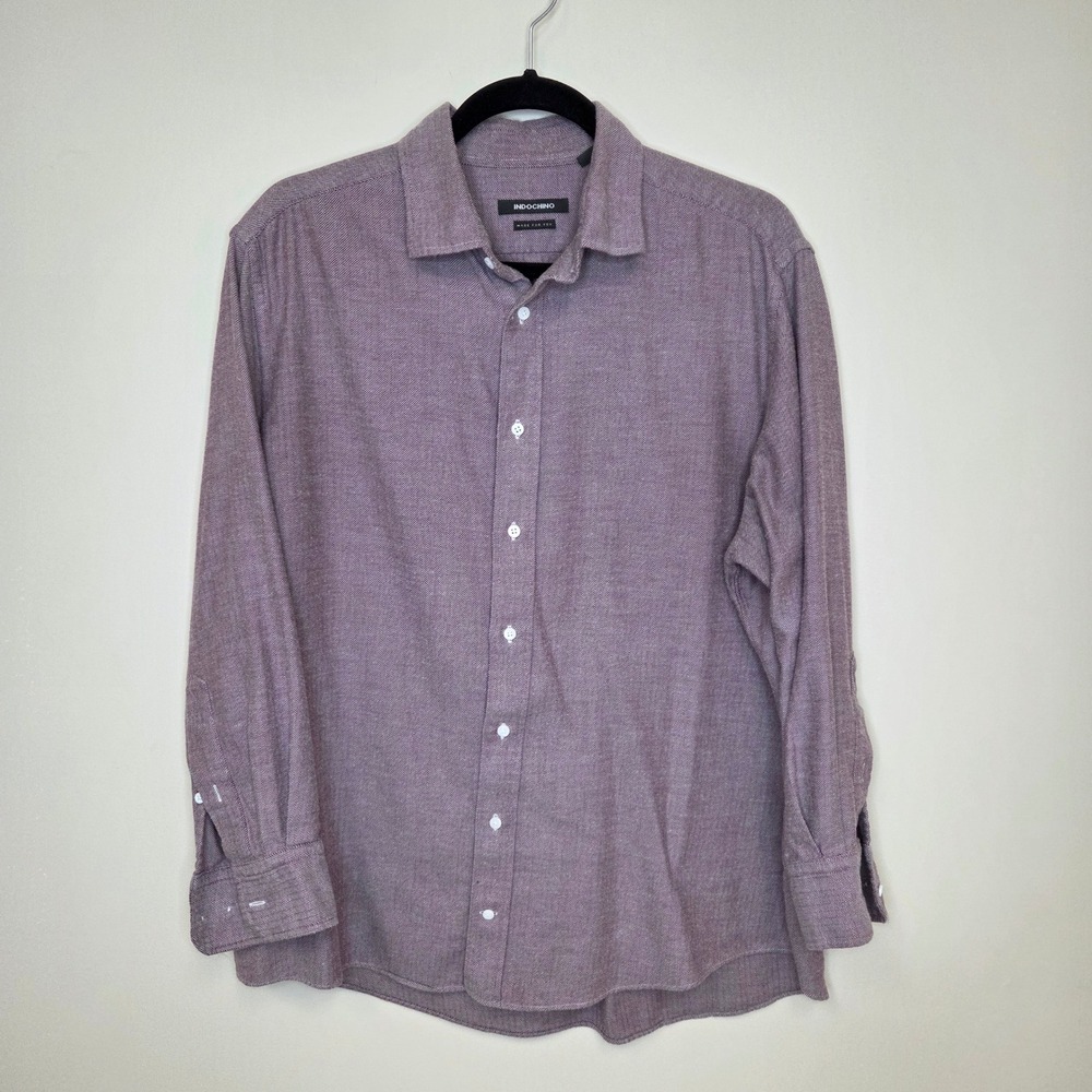 Indochino Mens Burgundy Herringbone Cotton Wool Blend Button Down Shirt XL‎